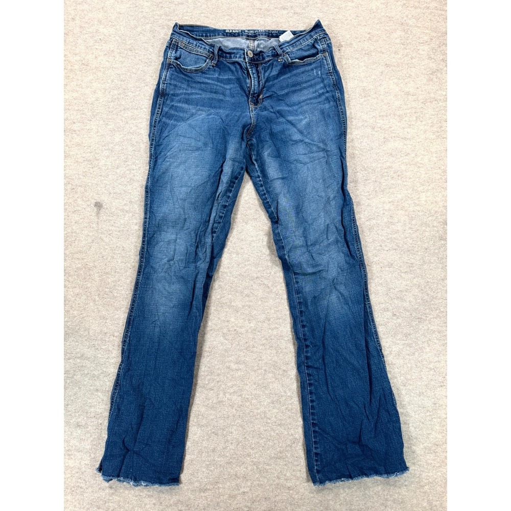 Old Navy Mid Rise Micro Flare Jeans Womens 10 Tall Blue Cotton Whisker Raw Hem